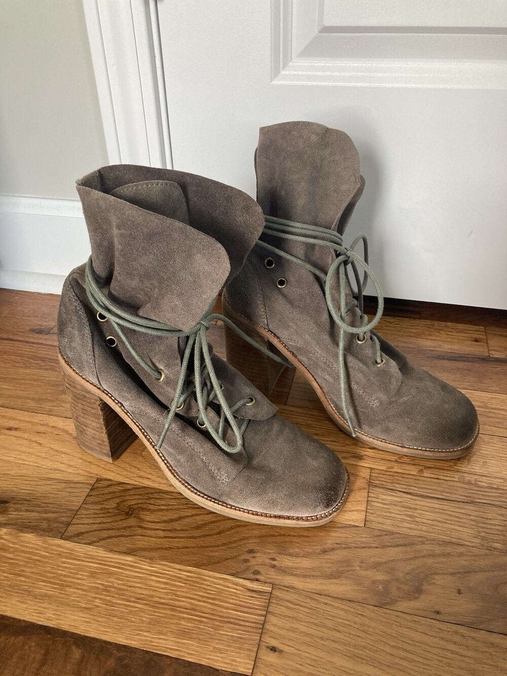 Jeffrey Campbell Juneau Brown Leather Lace Up Block Heel Boots Size 7 Boho Chic